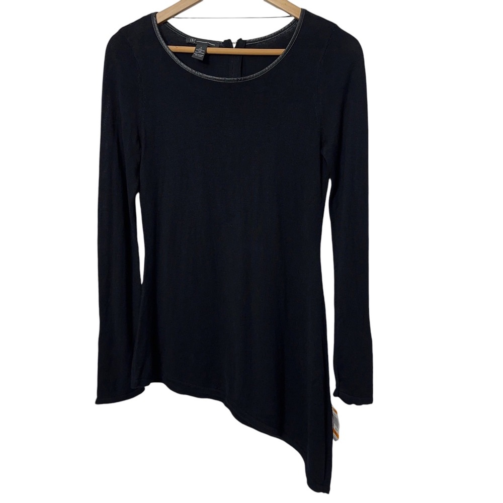 NWT INC International Concepts Asymmetric Hem Knit Top Faux Leather Trim Womens